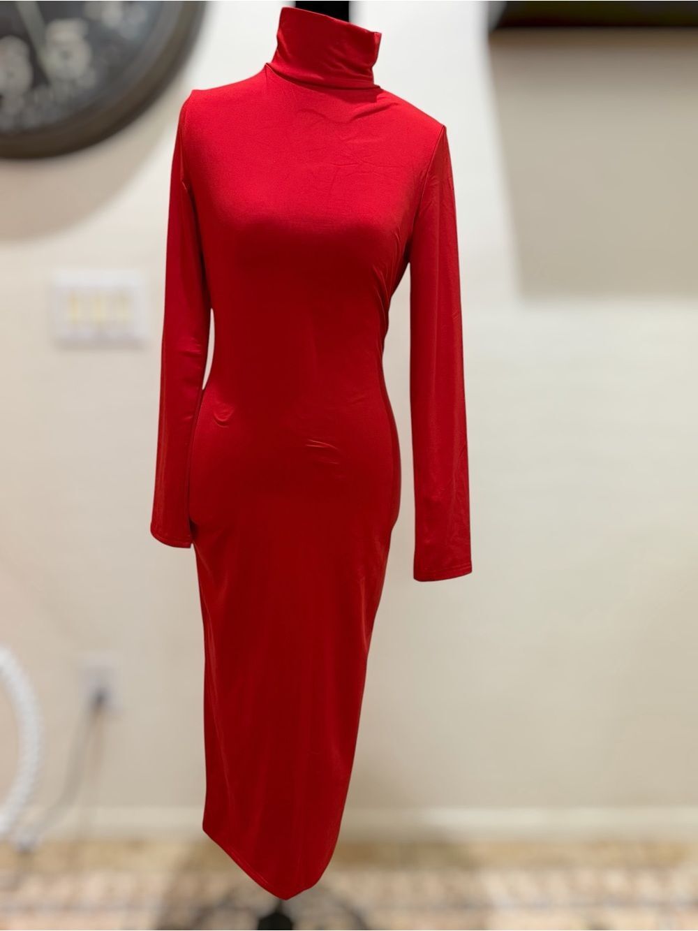 Women’s Red Turtleneck Bodycon Midi Dress Long Sleeve Stretch Mock Neck Size M